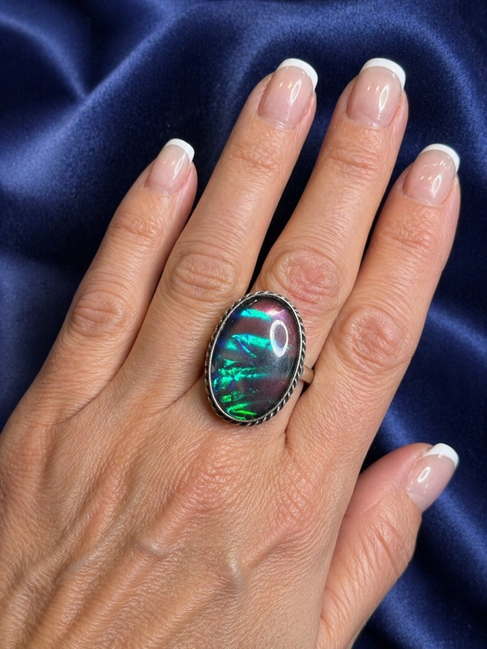 Ring Dichroic Glass Stone Silver Blue Green Flash Statement - Picture 2 of 9
